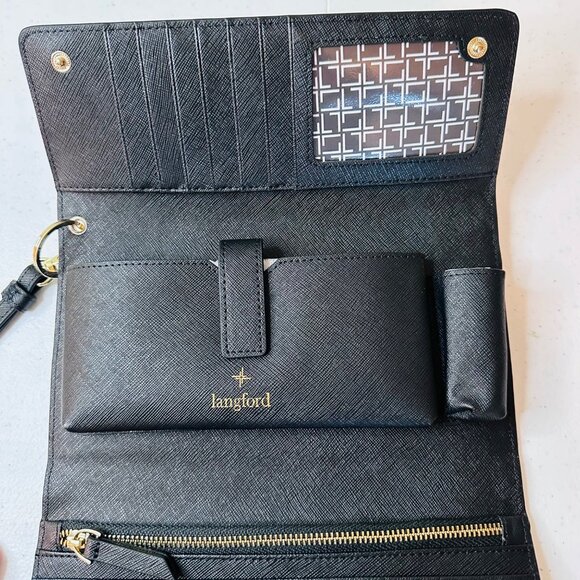 Langford Saint Jasmine Saffiano Black Wristlet Tri-fold Wallet With Gold Accents - Picture 2 of 15
